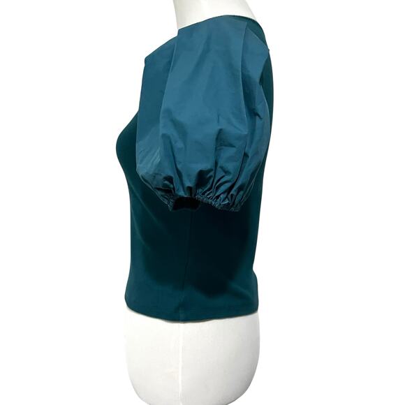 English Factory Top Puff Sleeve Henley Blouse Teal Blue Stretch Knit Size Small - Picture 6 of 10